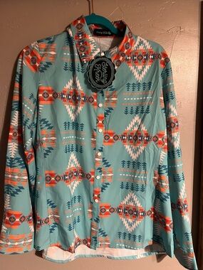 Women’s Turquoise Aztec Button-Down Shirt large brand new